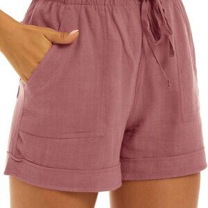 Women Casual Shorts - Pink, Large, Elastic Waist, Pockets, Drawstring, Summer Re